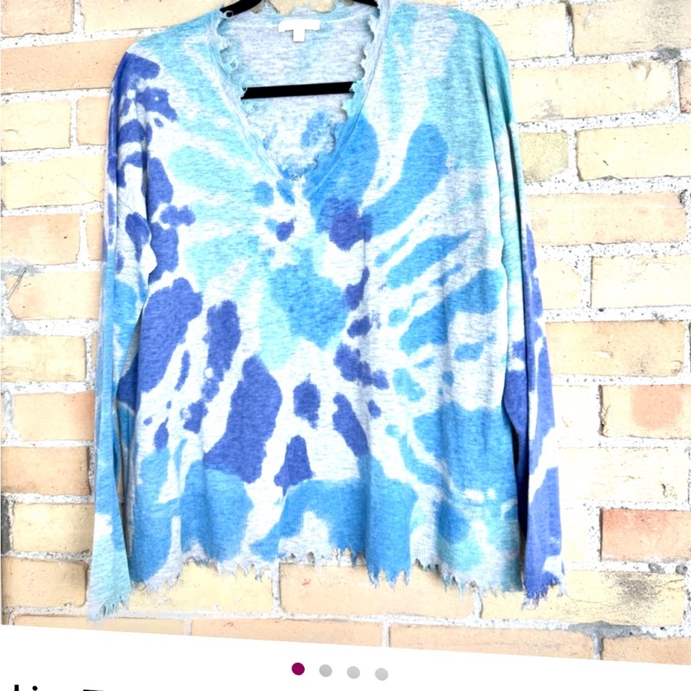 Lisa Todd exclusive- Blue Tie-Dye Women's linen and cotton L/S Sweater. Fringes